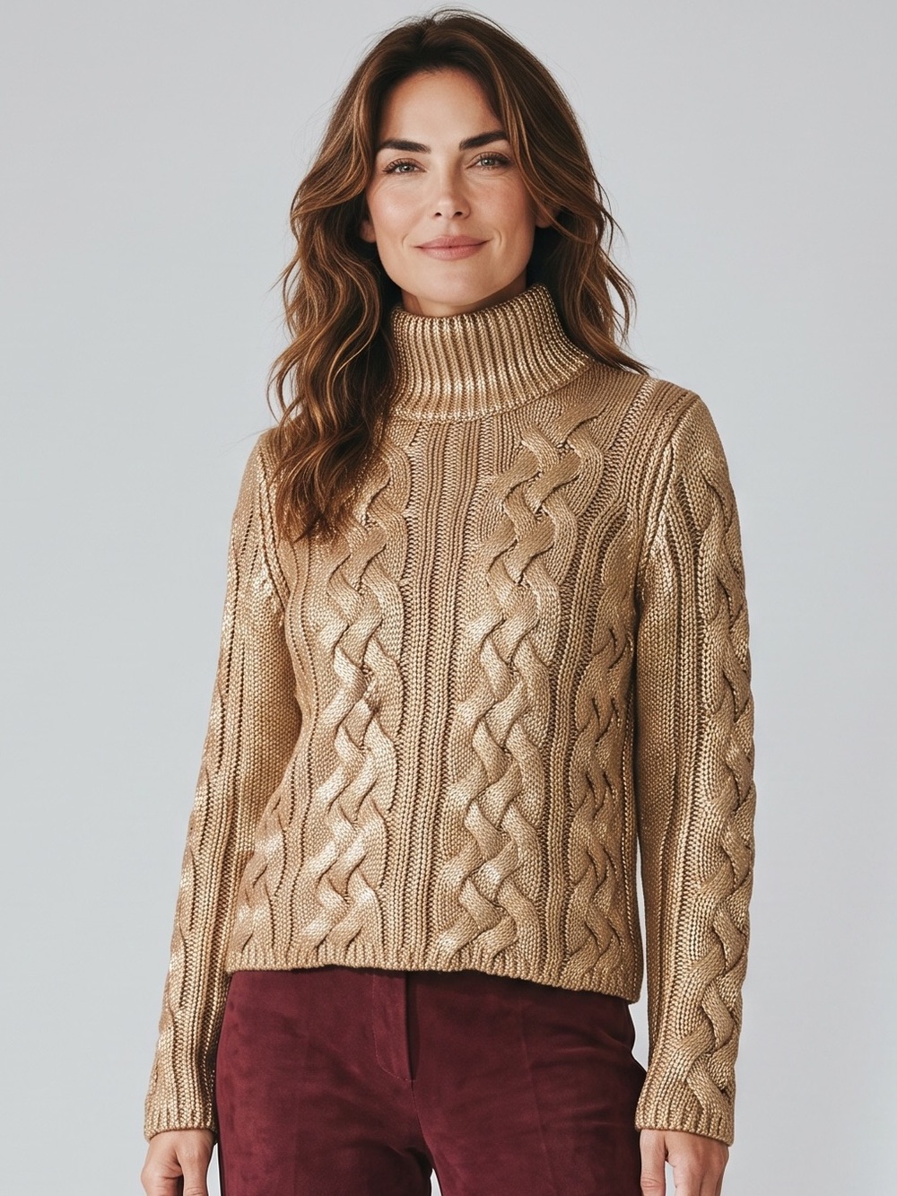 Zara Gold Foil Metallic Cable Knit Turtleneck Sweater – Size M